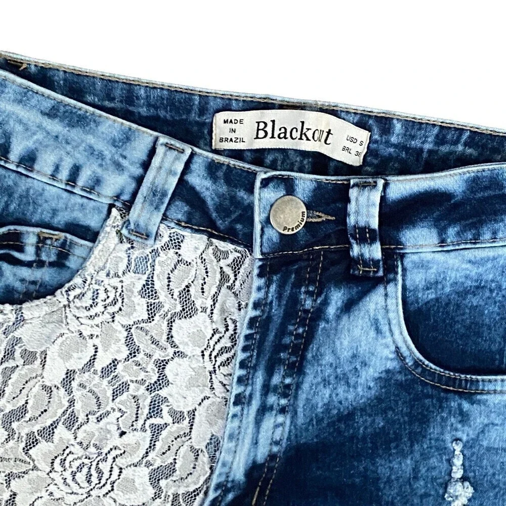 Blackout Women’s Distressed Lace High Waisted Jean Shorts‎ Made in Brazil Sz S
